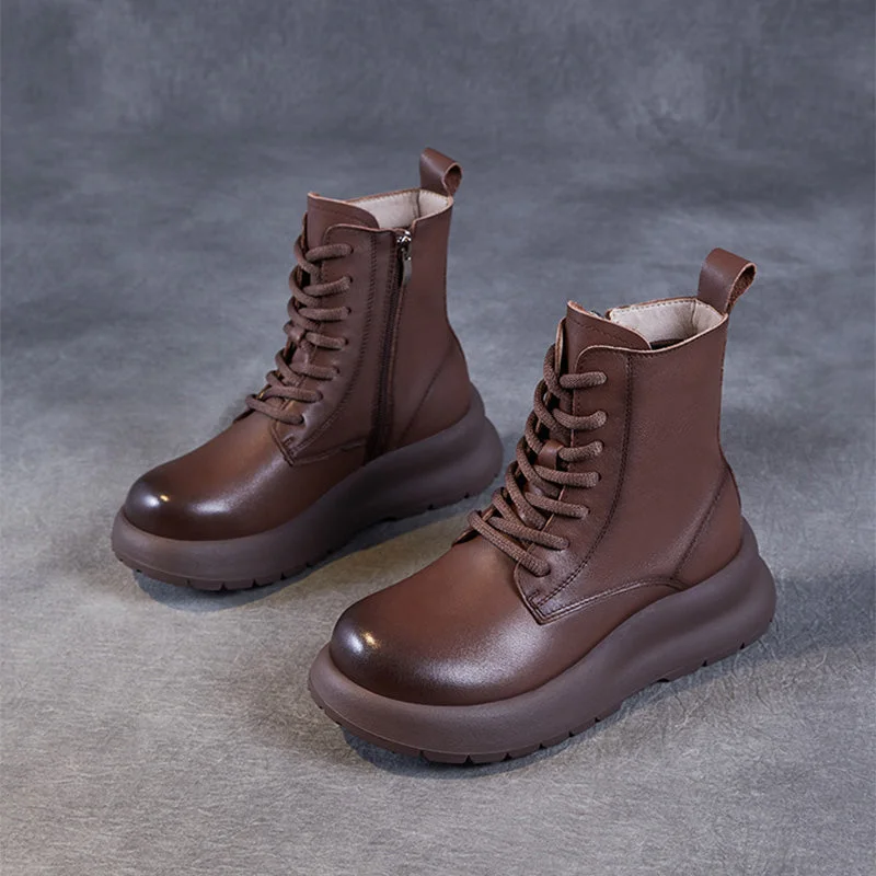 Boots for long walks-Women Vintage Solid Leather Thick Soled Boots