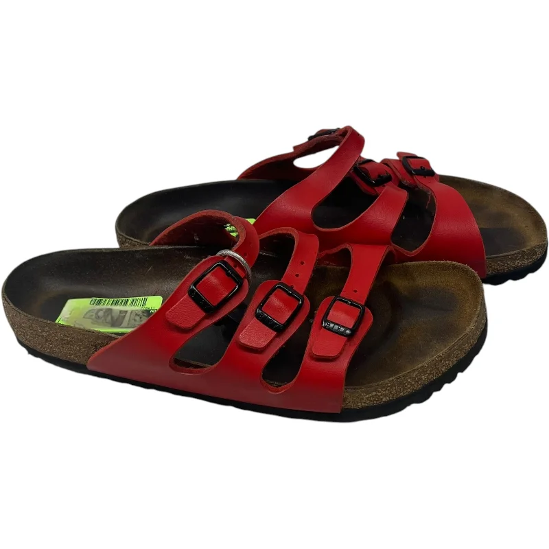 sandals with non-slip soles-Sandals Flats By Birkenstock In Red, Size: 10