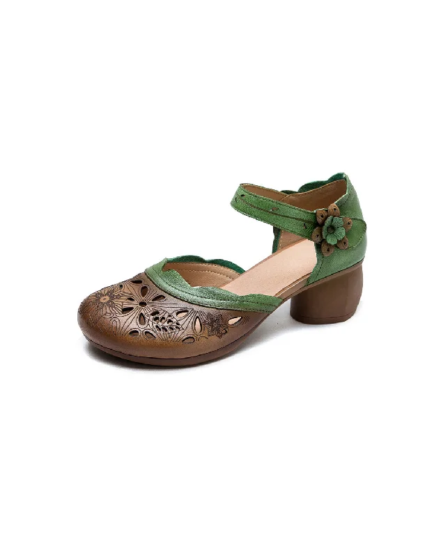 sandals with subtle design-Leather Hand-Carved Flowers Hollow Chunky Heel Sandals