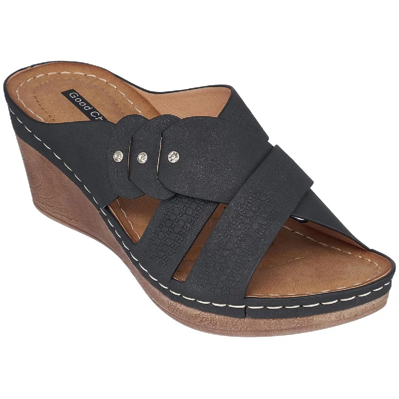 sandals with low heels-Good Choice Womens Dorty Faux Leather Slip On Wedge Sandals