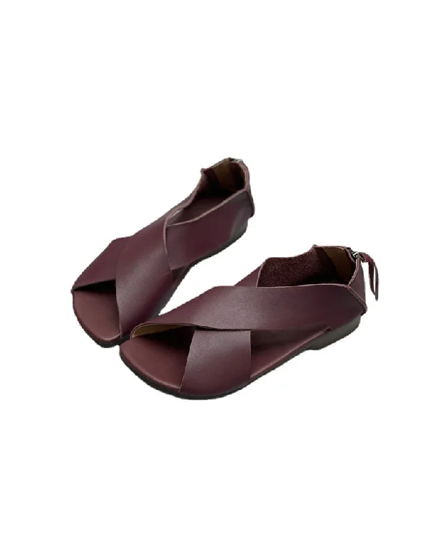 new sandals with padding-Cross Strap Open Toe Leather Retro Flat Sandals