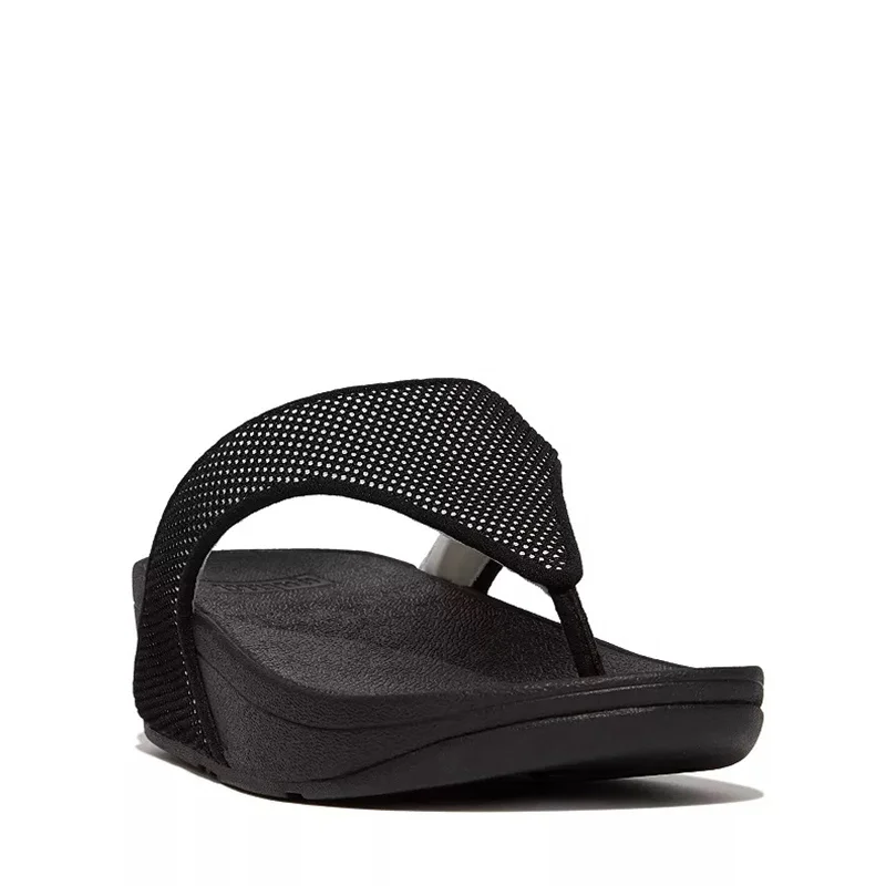 modern sandals with soles-FitFlop Women's LULU Water-Resistant Two-Tone Webbing Toe-Thongs Sandals, Black