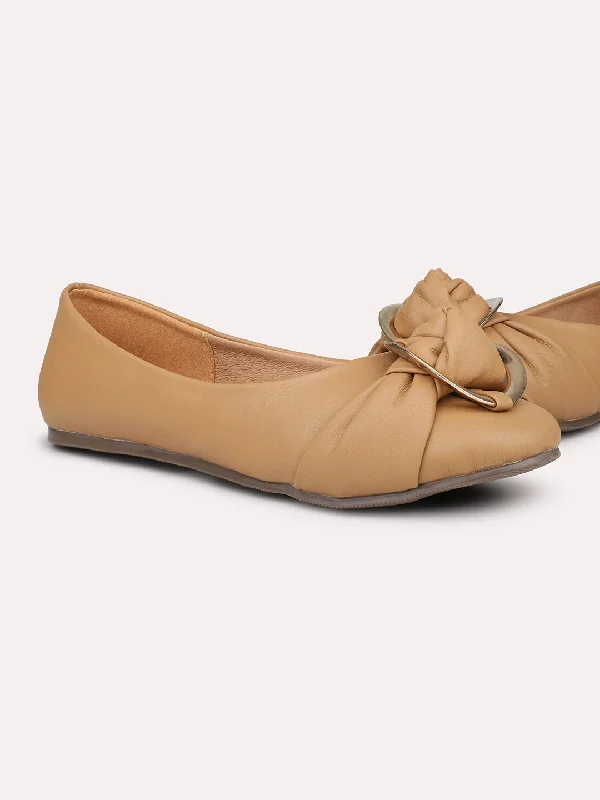 affordable flats near stations-Women Beige Buckle Detailed ballerinas Flats