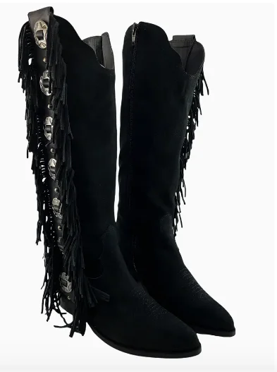 Boots with glossy finish-Rodeo Doll Fringe Boots in Black