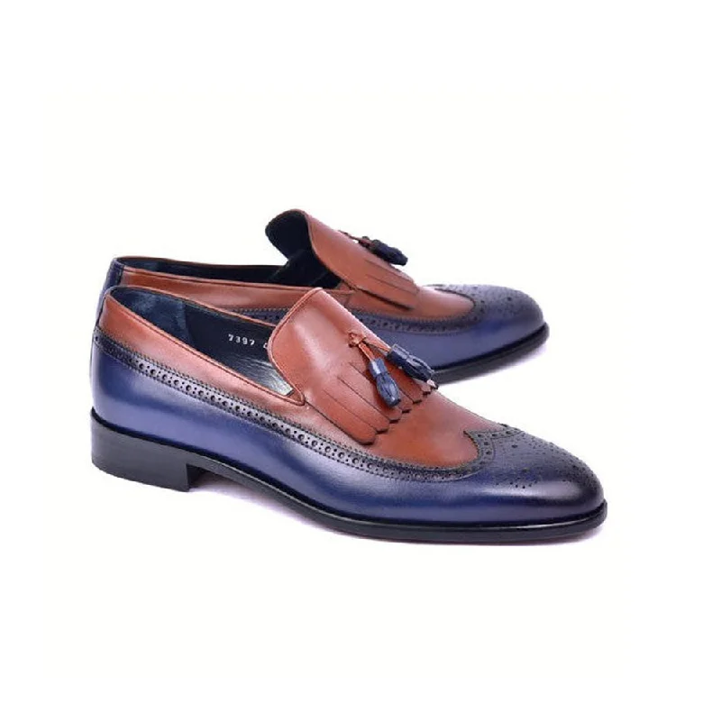 Loafers with toe guardsCorrente C00019-7397 Men's Shoes Navy & Brown Calf-Skin Leather Wingtip Kiltie tassels Loafers (CRT1494)