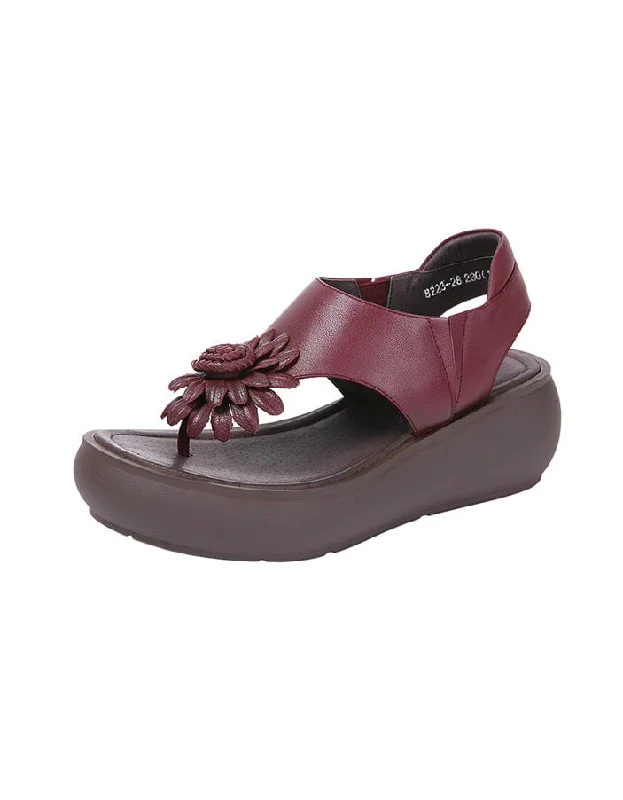 sandals with high arches-Retro Leather Summer Flip-Flop Wedge Sandals