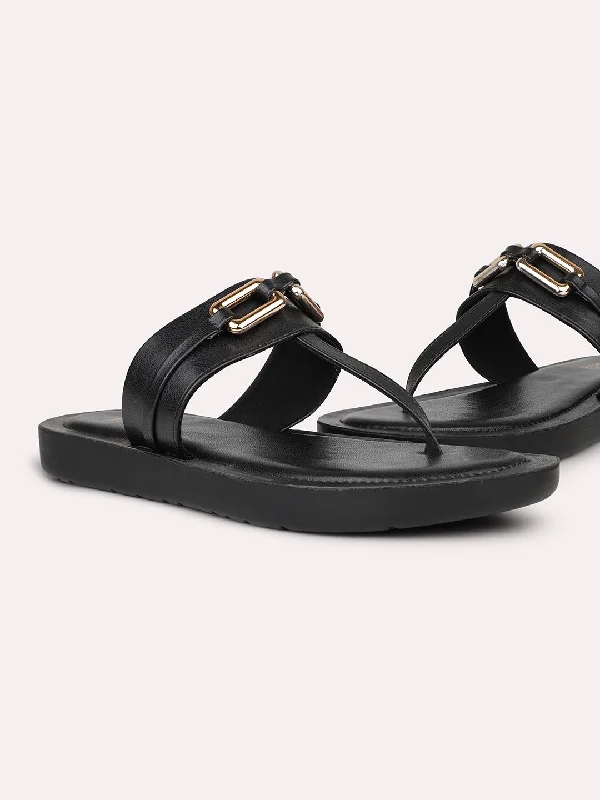 luxury flats with terraces-Women Black Solid Open Toe T-Strap Flats