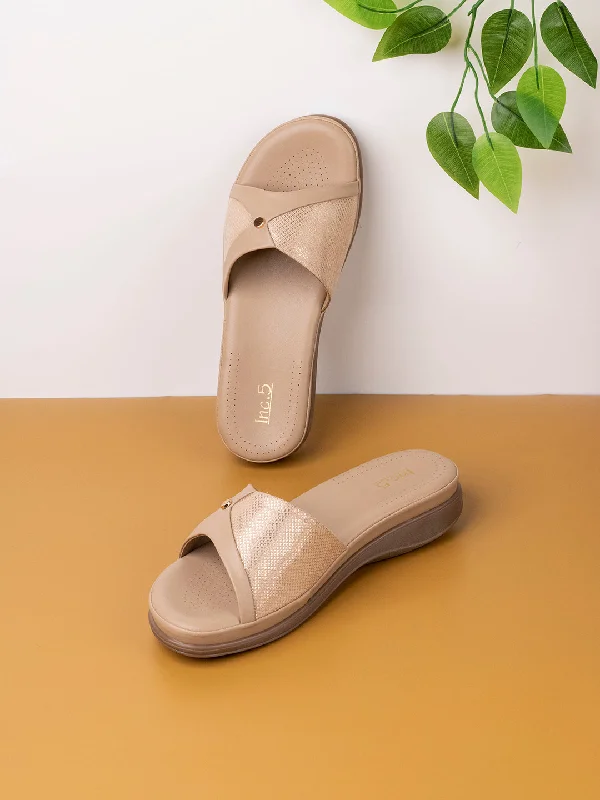 flats with parking garage-Womens Beige Solid Round Toe Casual Slip-On Flats