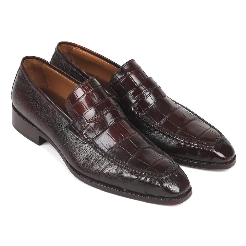 Loafers with cool flair -Paul Parkman Men's Brown Crocodile & Ostrich Penny Loafers 19CR11-BRW (PM6106)