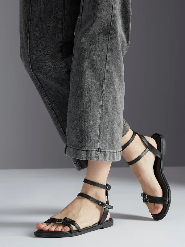 trendy flats near bars-Women Black Strappy Open Toe Flats With Buckles