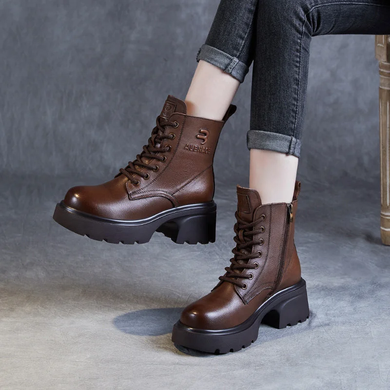 Boots for festival outfits-Women Vintage Solid Leather Fashion Platform Boots