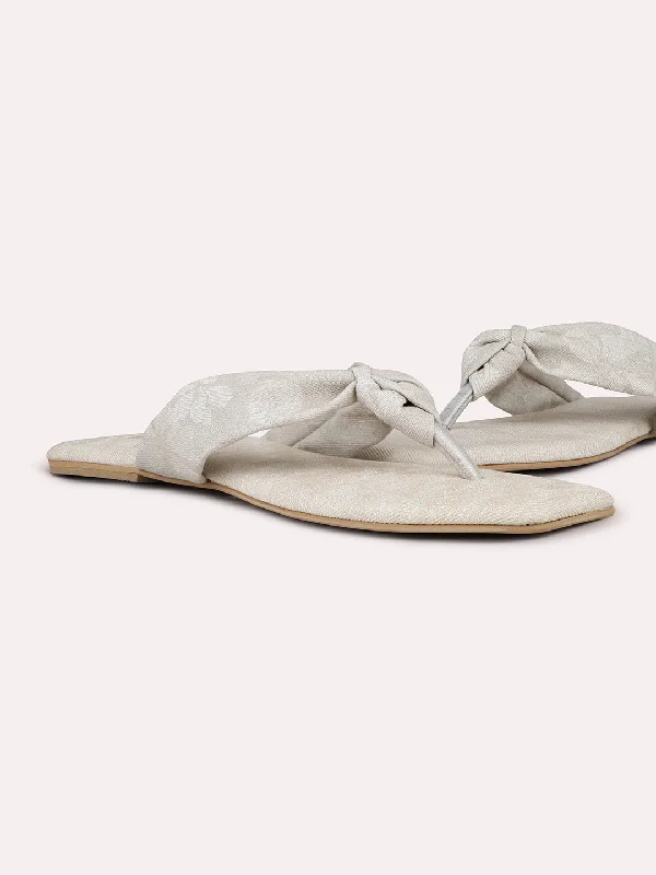 budget flats with views-Women Cream Textured Knot Detail Open Toe Flats