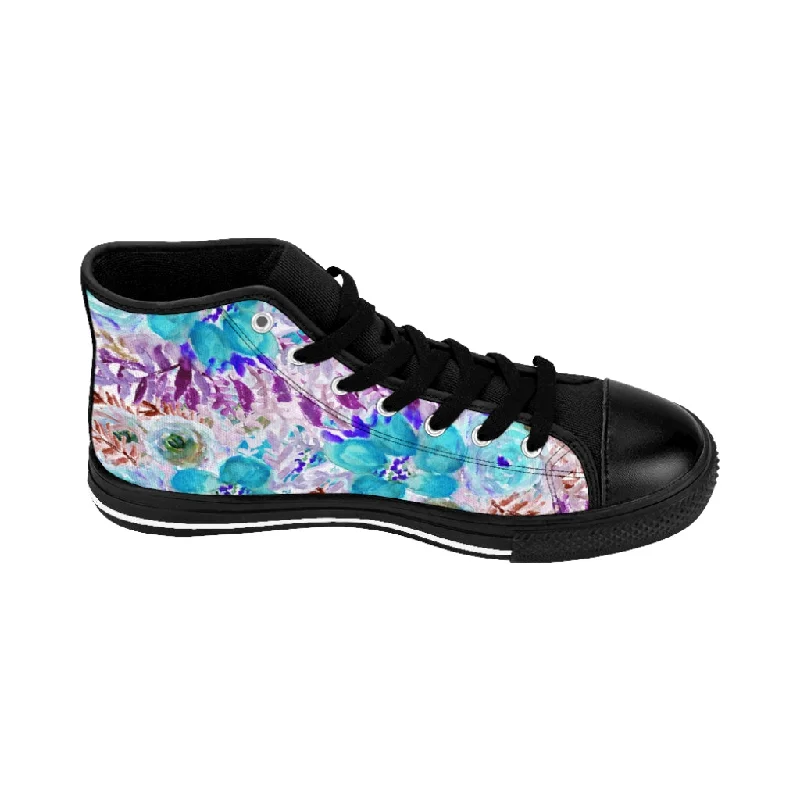 Athletic shoes with cool accentsBlue Floral Women's Sneakers, Flower Print Designer High-top Sneakers Tennis Shoes (US Size: 6-12)