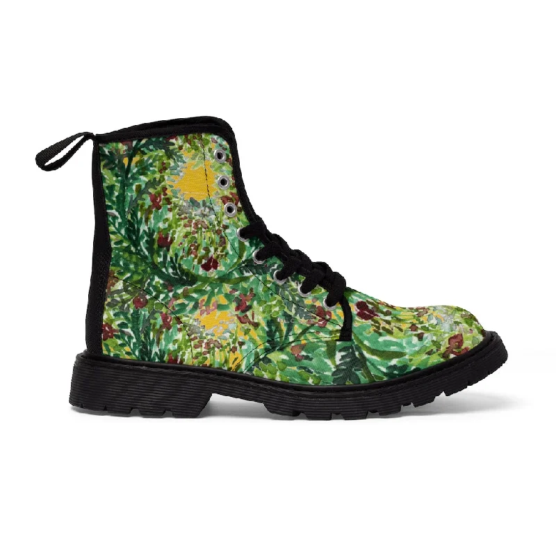 Boots in bronze-Yellow Green Floral Women's Boots, Cute Elegant Flower Printed Combat Hiking Boots For Ladies