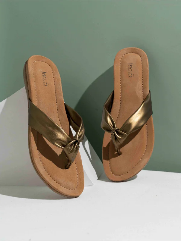 new flats near shops-Womens Golden Ethnic Solid T-Strap Slip-On Flats