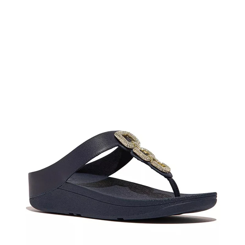 sandals with bold colors-FitFlop Women's Fino Crystal-Chain Leather Toe-Post Sandals Wedge, Midnight Navy