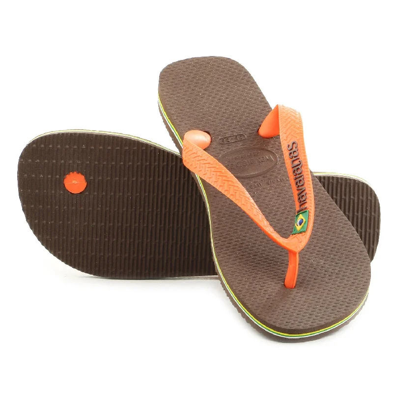 sandals with flexible soles-Havaianas Brasil Logo Thong Flip Flop Sandal - Coffee/Orange - Womens