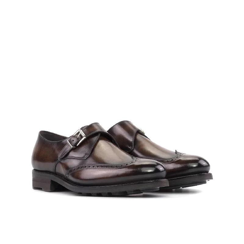 Loafers with high styleAmbrogio Bespoke Men's Shoes Brown Patina Leather Single Monk-Strap Loafers (AMB2527)