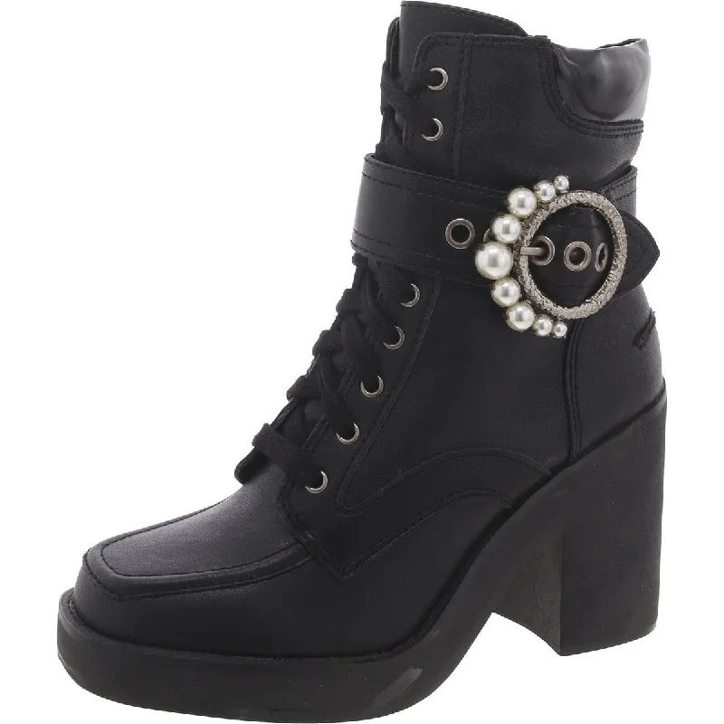 Boots for evening outings-Karl Lagerfeld Paris Womens Dottie Leather Embellished Combat & Lace-Up Boots