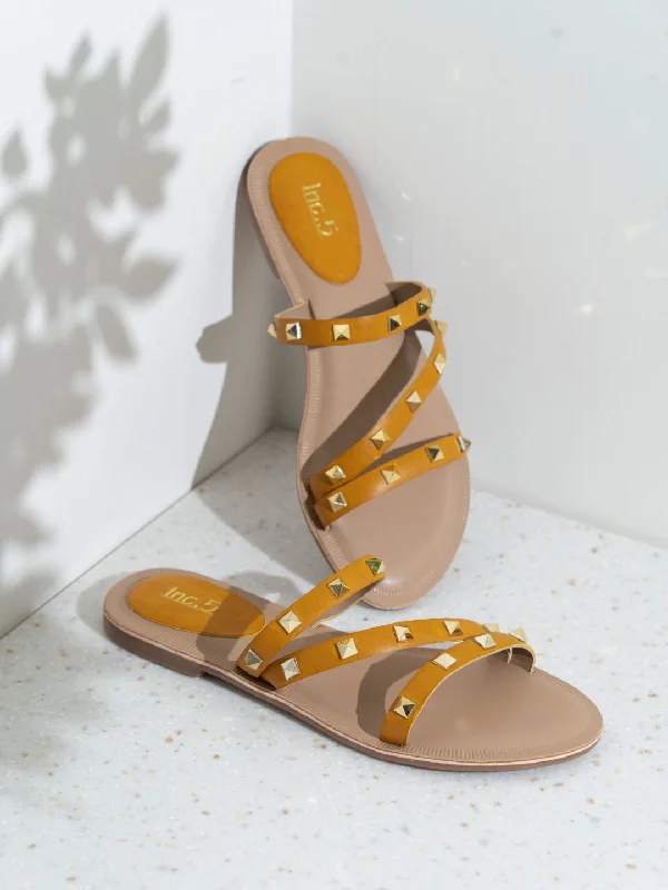 pet-friendly flats near malls-Womens Mustard Casual Strappy Open Toe Flats