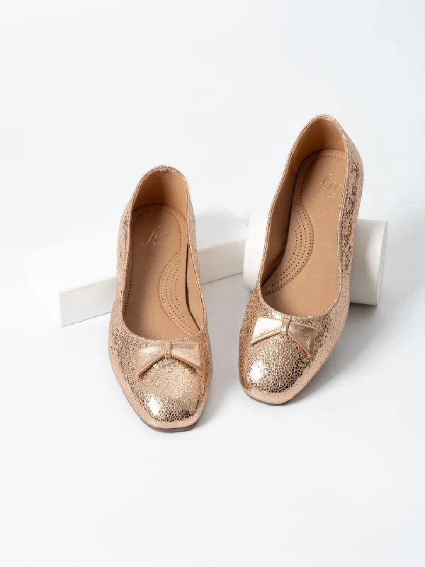 new flats near stations-Women Rose Gold Textured Bow Detail Flats Ballerinas