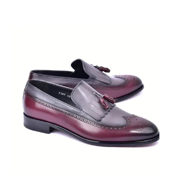 Loafers for sharp styleCorrente C00018-7397 Men's Shoes Burgundy & Gray Calf-Skin Leather Wingtip Kiltie tassels Loafers (CRT1493)