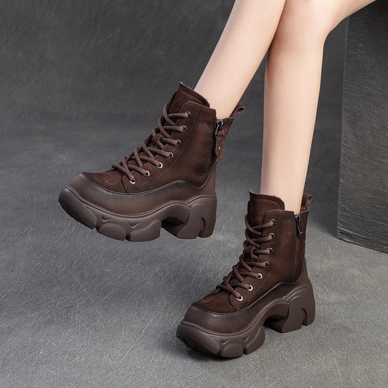 Boots for foot calm-Women Vintage Leather Casual Platform Boots