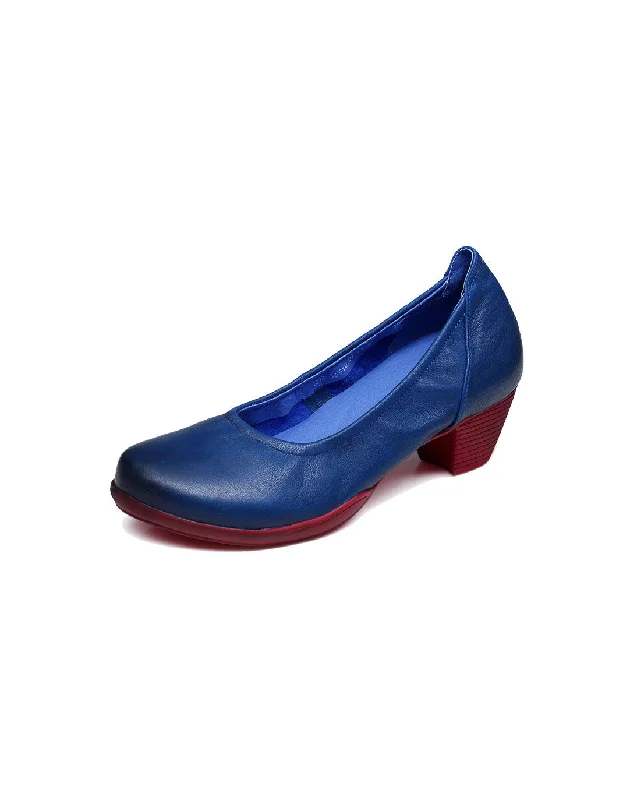 wide fit high heels-Comfortable Retro Leather Chunky Hee Pumps