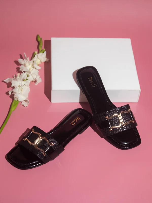 luxury flats with gyms-Women Black-Coloured And Gold-Toned Buckled Open Toe Flats