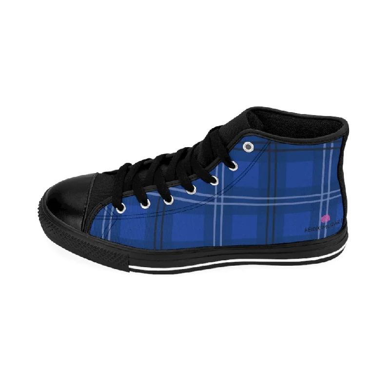 Athletic shoes with ankle supportBlue Plaid Women's High-top Sneakers, Tartan Print Ladies' Fashionable Tennis Shoes (US Size: 6-12)