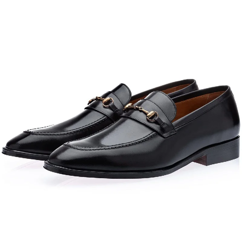 Loafers with thin solesSUPERGLAMOUROUS Elmoro Vintage Men's Shoes Black Calf-Skin Leather Horsebit Loafers (SPGM1300)